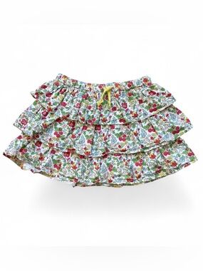 Boden | White Tiered Skirt with Floral and Raspberry Print | Cotton | 3-4